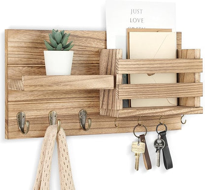 Lwenki Mail Organizer for Wall Mount – Key Holder with Shelf Includes Letter Holder and Hooks for Coats, Dog Leashes – Rustic Wood with Flush Mounting Hardware (16.5” x 8.7” x 3.5”) (Wood)