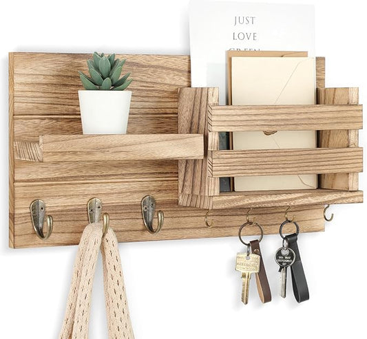 Lwenki Mail Organizer for Wall Mount – Key Holder with Shelf Includes Letter Holder and Hooks for Coats, Dog Leashes – Rustic Wood with Flush Mounting Hardware (16.5” x 8.7” x 3.5”) (Wood)