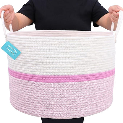 OrganiHaus Large Woven Storage Basket for Blankets and Toys 20" x 13" Inch, Rope Laundry Basket with Handles, Cushions & Pillows Storage Bin, Nursery Hamper, Soft Round Dog Toy Bin - Pink Stripe