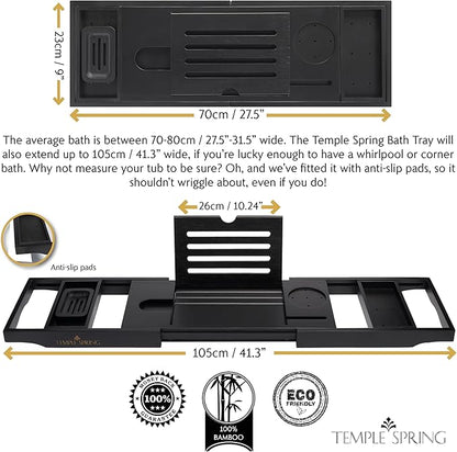 Temple Spring Bamboo Bathtub Tray Caddy for Tub — Expandable Wood Bath Tray with Solid Book Stand Wine Holder and Non-Slip Pads — Includes Bamboo Soap Dish and Spa Accessories — Luxury Bath Gift Set
