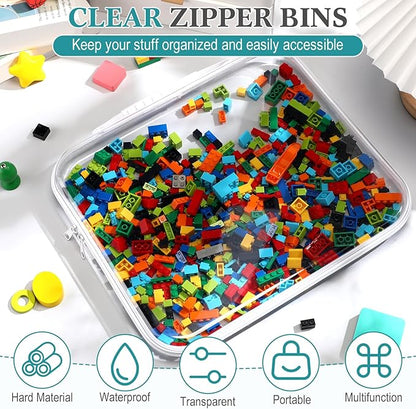 Sanwuta 4 Pcs Clear Hard Zipper Case with Handle Office Storage Cases Hard Plastic Pouches Transparent Bins for Crafts, Snacks, Cosmetics, Puzzles(13.8 x 11.8 x 2 Inches,White)