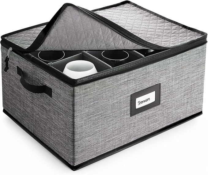 Hearth & Harbor Wine Glass Storage Box with Dividers, Quilted and Stackable Stemware Storage Cases, Service of 12 Glass China Container Hard Shell for Moving and Organization, Grey