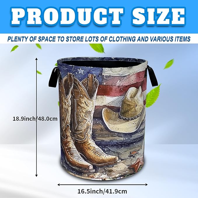 Cowboy Hat Boots Laundry Basket American Flag Oxford Cloth Laundry Hamper With Handle Foldable Portable Clothes Storage Basket 18.9 X 16.5 In Storage Bag For Laundry Room/Bathroom/Bedroom/Dormitories