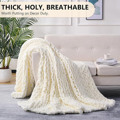 L'AGRATY Chunky Knit Blanket Throw: 72''x84'' Chenille Chunky Knitted Throw Blanket for Bed Couch - Handmade Thick Big Cable Knit Blanket - Large Chunky Crochet Blanket for Home Decor(Cream White)