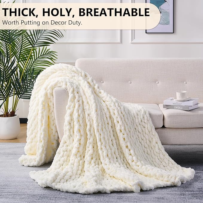 L'AGRATY Chunky Knit Blanket Throw: 80''x90'' Chenille Chunky Knitted Throw Blanket for Bed Couch - Handmade Thick Big Cable Knit Blanket - Large Chunky Crochet Blanket for Home Decor(Cream White)