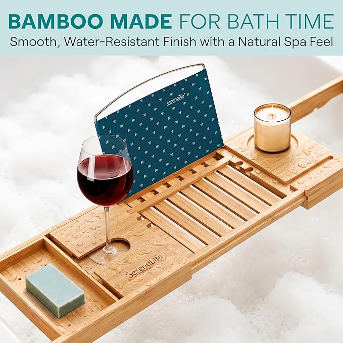 SereneLife Premium Bathtub Tray Caddy, Expandable Bath Tray, Unique House Warming Gifts, Gift for Mom, Women, New Home, Wedding, Anniversary, Bridal Shower, Universal Fit for All Tub -Natural, GiftSet