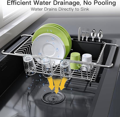 JASIWAY Dish Drying Rack in Sink with Mat, Expandable Stainless Steel Dish Drainers for Kitchen Counter, Space Saving Dish Dryer Rack for Inside Sink, Over Sink Dish Racks with Utensil Holder