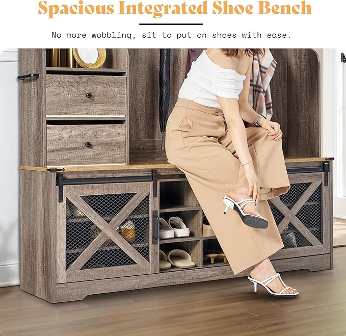 AMERLIFE 7-in-1 Farmhouse Hall Tree with Bench and Shoe Cabinet, LED Entryway Bench with 2 Drawers,12 Shoe Cubbies & Barn Doors, 7 Coat Racks & Adjustable Shelf, Rustic Gray