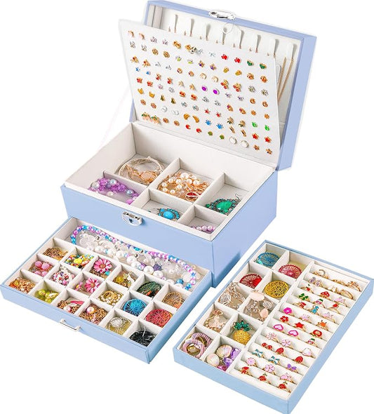 QBestry Earrings Jewelry Box for Girls, 5 Layers Jewelry Organizer with Earring Holder Organizer for Girls Earring Organizer Jewelry Boxes for Women Earrings and Necklaces Jewelry Box Organizer Blue