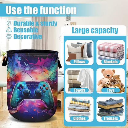 Gamepad Neon Ligh Laundry Basket, Laundry Hamper Collapsible Oxford Cloth with Handle Clothes Toy Storage Bin for Bathroom Laundry Room Bedroom 15.7 X 20 Inch
