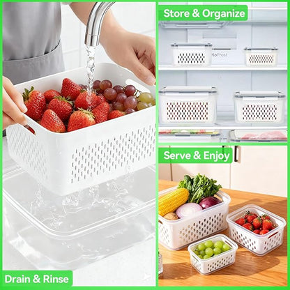 Fresh Produce Storage Containers for Fridge, 3 Pack Fruit Vegetable Keeper with Drain Basket & Airtight Lid, BPA Free Fridge Organizer Bins for Berries, Salad, Meal Prep, 28oz 60oz 111oz
