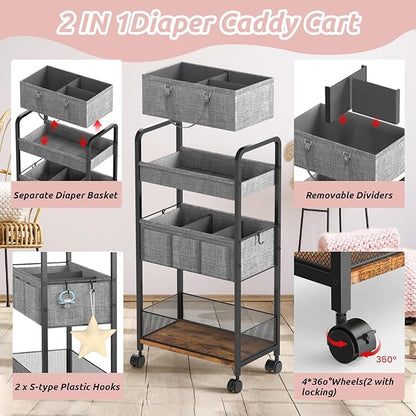 LIDTOP 2In1 Baby Diaper Caddy & 3-Tier Rolling Diaper Cart, Diaper Caddy Organizer Cart with Dividers, Mobile Metal Utility Cart for Nursery Essentials, Detachable Bedside Cart, Large Capacity