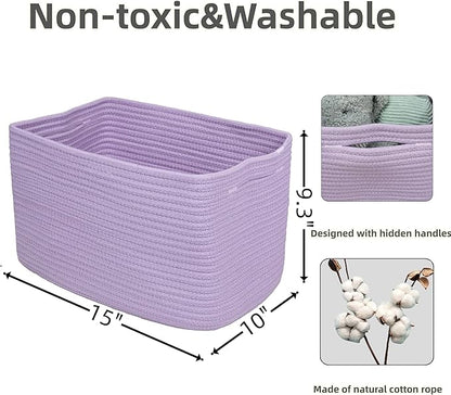 Cotton Rope storage Basket Bins Woven Basket for Organizing Shelves 15X10X9.3" Rectangle Decorative Baskets For storage Clothes Toys Books Towels Nursery basket organizer 3 pack purple or lavender