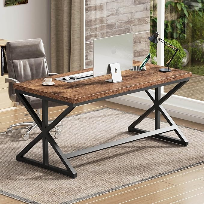 IBF 55” Rustic Computer Desk, Industrial Brown Home Office Desk, Wooden Metal Executive Pc Computer Desk Table, Wood Student Gaming Study Computer Table for Bedroom Living Room, Rustic Brown, 55 Inch