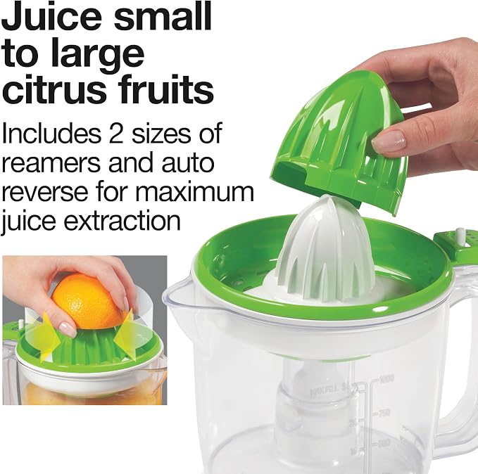 Proctor Silex Electric Citrus Juicer Machine, Large 34 oz. Pitcher, Pressure Activated, 2 Reamers for Big and Small Fruit, Pulp Control, for Orange, Lemon, fruit Juice, White,Green (66340) (Pack of 2)