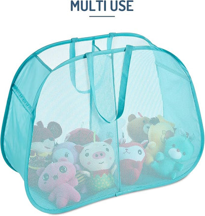 Seiritex Mesh Popup Laundry Hamper 2 Compartment, Collapsible Laundry Sorter Basket Foldable Hamper for Clothes, College Dorm, Travel (Turquoise Blue)