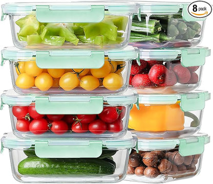 8 Pack 36oz Large Glass Meal Prep Containers with lids, Glass Food Storage Containers with Leak Proof Snap Lock Lids , Airtight Bento lunch Boxes, Kitchen Storage, Oven and Dishwasher Safe-Light Blue