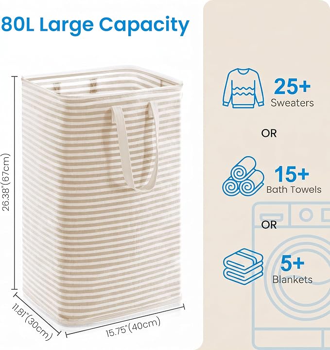 efluky Slim Laundry Basket, Narrow Laundry Hamper with Handles, Collapsible Dirty Clothes Hamper, Tall Laundry Bin for Laundry Room, Dorm and Bedroom, 80L, Striped Brown