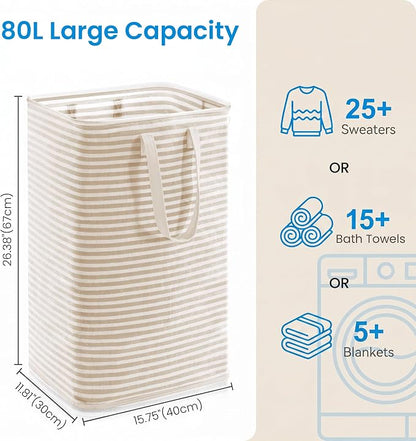 efluky Slim Laundry Basket, Narrow Laundry Hamper with Handles, Collapsible Dirty Clothes Hamper, Tall Laundry Bin for Laundry Room, Dorm and Bedroom, 80L, Striped Brown