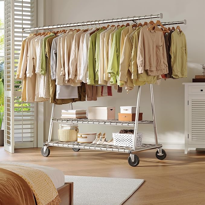Raybee 78" W Heavy Duty Clothes Rack Loads 630 LBS, Double Rods Clothing Racks for Hanging 450+ Clothes, Clothing Rack with Wheels, Portable Commercial Garment Rack, Chrome