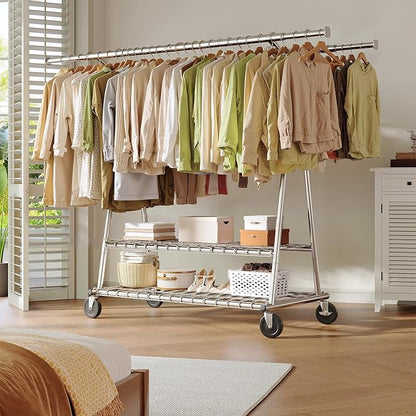 Raybee 78" W Heavy Duty Clothes Rack Loads 630 LBS, Double Rods Clothing Racks for Hanging 450+ Clothes, Clothing Rack with Wheels, Portable Commercial Garment Rack, Chrome