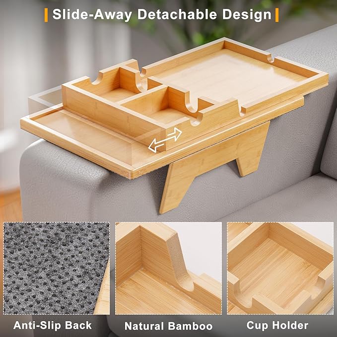 Bestjing Bamboo Couch Cup Holder Tray - 2 in 1 Couch Armrest Table with Be Slide-Away Detachable Double Holder - Sofa Armchair Caddy for Drinking Snacks iPad TV Remote