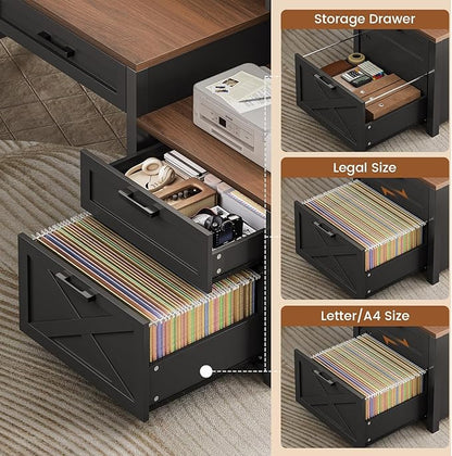 SEDETA Farmhouse Home Office Desk with File Drawer & Power Outlet, Computer Desk with 4 Drawer, Storage Shelves, Printer Cabinet and Monitor Shelf, Gaming Desk with Led Lights, Black Brown