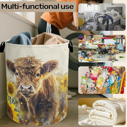 Sunflower Highland Cow Laundry Basket - Heavy Duty 60L Dirty Clothes Organizer, Water Resistant Foldable Hamper for Men Women