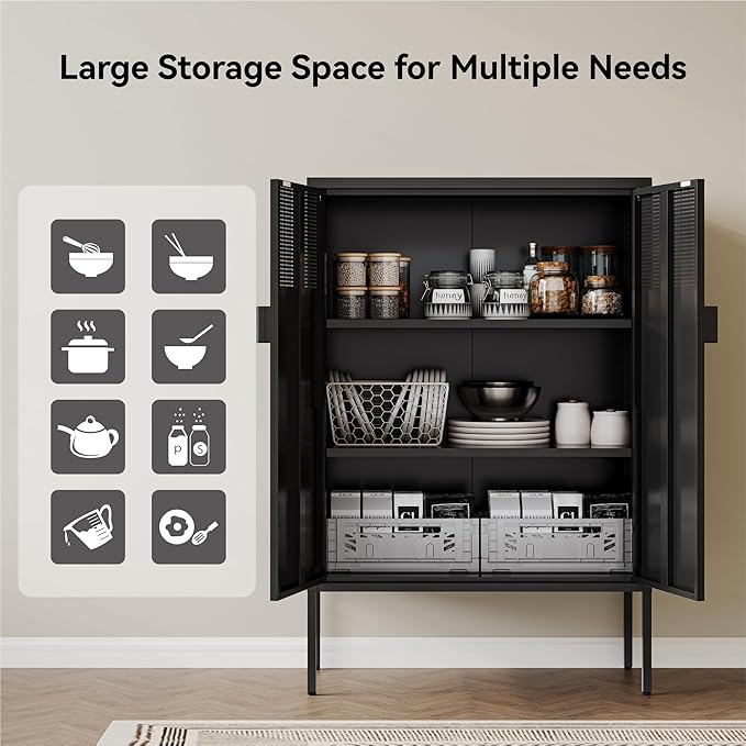 COFaR Black Metal Cabinet with Adjustable Shelves, 47”H Industrial Buffet Sideboard & Coffee Bar Station, Ventilated Steel Storage Cabinet with Magnetic Doors for Kitchen, Office, Living Room