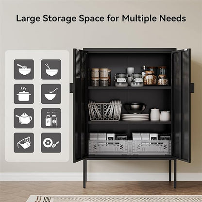 COFaR Black Metal Cabinet with Adjustable Shelves, 47”H Industrial Buffet Sideboard & Coffee Bar Station, Ventilated Steel Storage Cabinet with Magnetic Doors for Kitchen, Office, Living Room