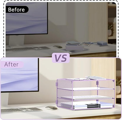 DALTACK 3 Tier Letter Tray Paper Organizer for Desk, Mesh Metal Desk File Organizer with Sliding Trays for Letter/A4 Paper, Mail, Bills & Folders, Light Purple