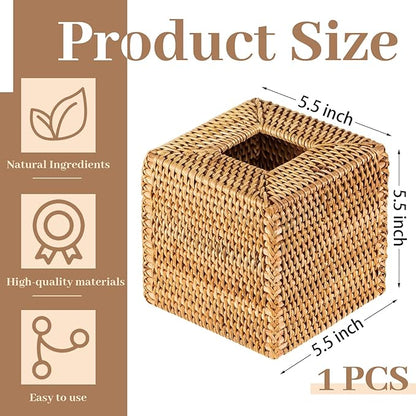 Kigley 1 Pcs Square Rattan Tissue Box Cover Boho Wicker Tissue Cube Box Cover 5.5'' x 5.5'' x 5.5'' Decorative Natural Wicker Hand Woven Napkin Box Holder Bathroom Office Car Accessories (Wood)