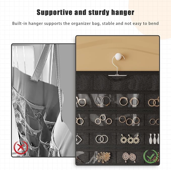 1 Pack Hanging Jewelry Organizer 80-Pocket Dual-sided Jewelry Storage for Earring Necklace Bracelet Ring Travel Holder, Black and Beige