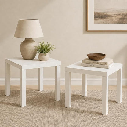 Furinno Classic Toolless Assembly Square Side Table Set of 2, White End Table with 1.8 Thick Tabletop, Night Stand, Bedside Table, for Living Room, Bedroom, Plain White