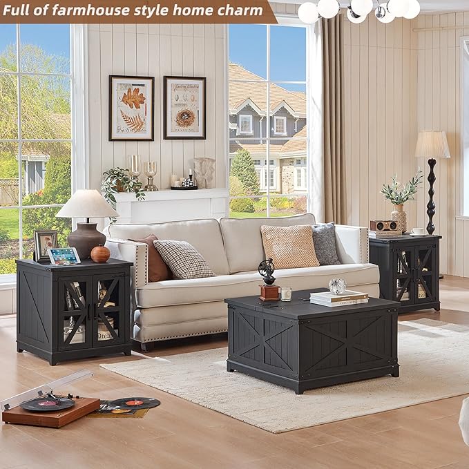 Farmhouse Coffee Table Sets 2 Pieces, Large End Side Tables with Charging Station and Coffee Table with Hidden Storage Compartment, Black Living Room Table Set, Wood Furniture Sets for Home Office