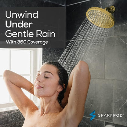 SparkPod Rain Shower Head, 8 Inch Round | High Pressure Shower Heads, 90 Nozzle (Touch-to-Clean), Adjustable Showerhead, No-tool Universal Connection