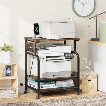 YAOHUOO 3 Tier Large Printer Stand with Power Outlet/Adjustable Shelf | 22"x15" Large Top,Fit 2-3 printers,Rolling Cart with Wheels,Table for Home Office,Fit 3D Printer/Heat Press/Laser,Brown