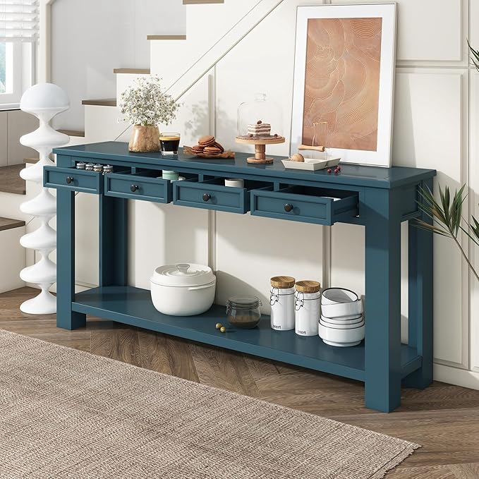 Knocbel Console Table Hallway Entryway Side Table, 63" Long Sofa Table Furniture with 4 Drawers and Bottom Shelf for Living Room Home Decor, New Dark Blue