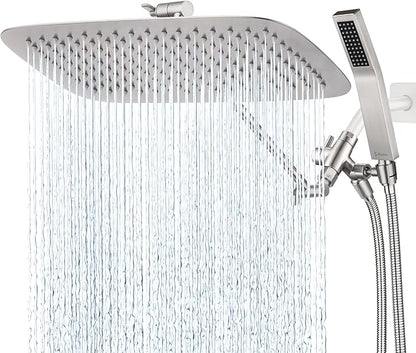 G-Promise All Metal 16 Inch Dual Square Shower Head with Handheld Spray Combo, Rain Shower Head, Adjustable Extension Arm, 3-Way Diverter, 71 Inch Extra Long Hose - A Bathroom Upgrade(Brushed Nickel)