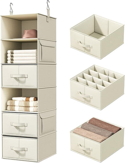 Vailando 6-Shelf Hanging Closet Organizer with 3 Drawers, 6-Shelf Inseparable Closet Organizers and Storage for Wardrobe Organization, Hanging Dresser for Nursury & Dorm Clothes Organizer, Beige