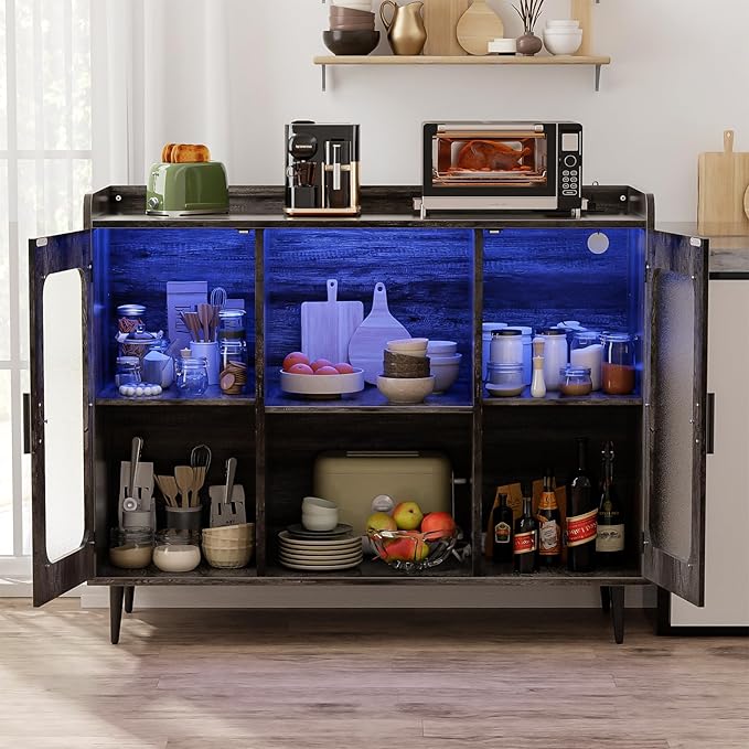 Liquor Cabinet Bar with Power Outlet & LED Light, Wine Bar Cabinet with Wine and Glasses Rack for Kitchen, Dining Room, Black Oak