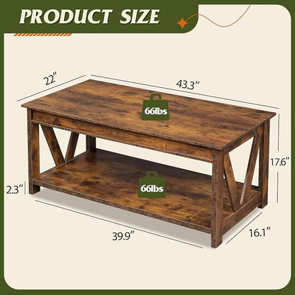 WLIVE Coffee Table, 43" Farmhouse Coffee Table with Storage Shelf & Sturdy V-Shaped Support, Wood Center Table for Living Room, Bedroom, Office and Balcony, Rustic Brown