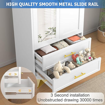 Steel Armoire Wardrobe Closet with Mirror, 71" Metal Clothes Storage Cabinets with 2 Doors, 1 Adjustable Shelf, 2 Drawers, Metal Wardrobe Cabinet with Hanging Rod for Bedroom, Gym, Cloak(White)
