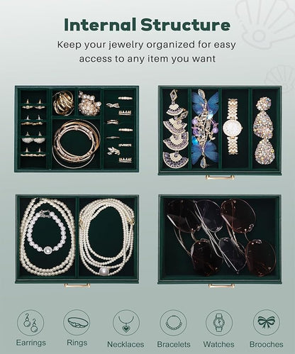 Jewelry Box with 3 Drawers: Display Organizer for Earrings Necklaces - Gifts for Girls Women (Forest Green)