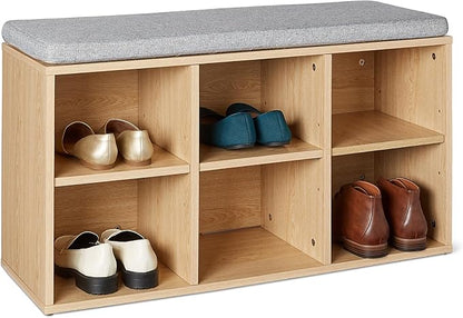 Amazon Basics Shoe Storage Bench with Cushion, 6 Cubbies, Adjustable Shelves, Oak Finish, 87cm W x 47.6cm H