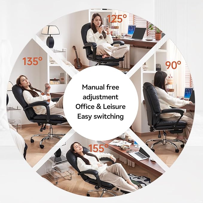 EMIAH Office Chair with Foot Rest Criss Cross Chair with Wheels Ergonomic Reclining Executive Office Chair Mid Back Genuine Leather Swivel Computer Chairs Lumbar Support for Home Office (Black)