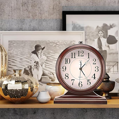 Retro Mantel Décor Desk Clock, 10-inch Vintage Table Clocks for Fireplace, Easy to Read Clocks for Living Room, Bedroom, Office, Desktop Decoration (Bright Brown)