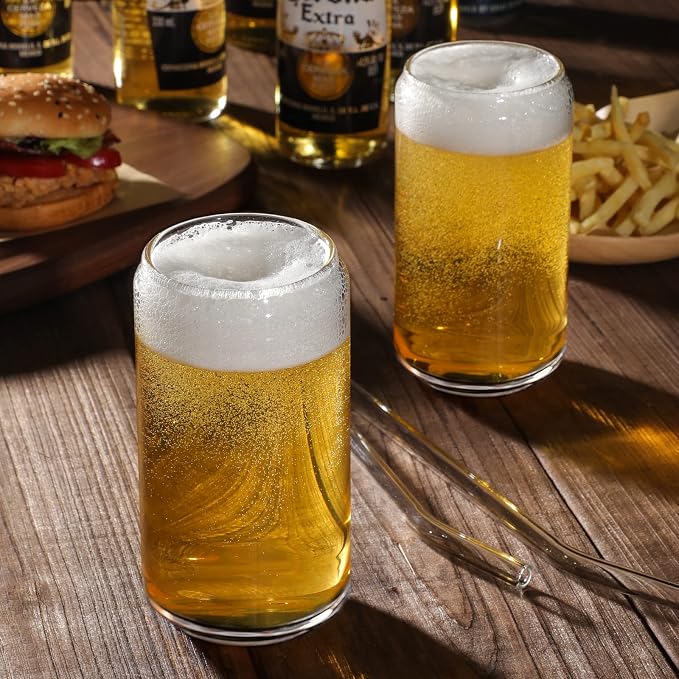 NETANY [ 8pcs Set ] Drinking Glasses with Glass Straw - 16oz Glass Cups, Beer Glasses, Iced Coffee Glasses, Cute Tumbler Cup, Ideal for Whiskey, Soda, Tea, Water, Gift - 2 Cleaning Brushes