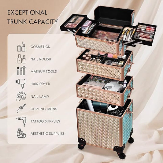 Stagiant Rolling Makeup Case Cosmetology Case on Wheels 4 in 1 Large Cosmetic Organizer Train Case Makeup Travel Case with Key Swivel Wheels Nail Artist Salon Storage Traveling Cart Trunk Rose Gold