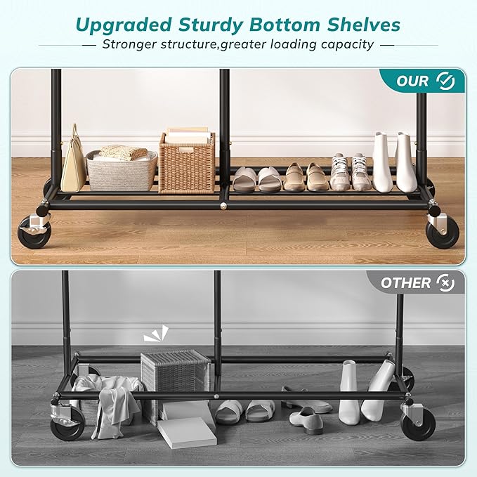 Raybee Clothes Rack Heavy Duty 450LBS, Clothing Racks for Hanging Clothes 200+, Metal Clothing Rack with Wheels, Rolling Commercial Garment Rack Portable, Black